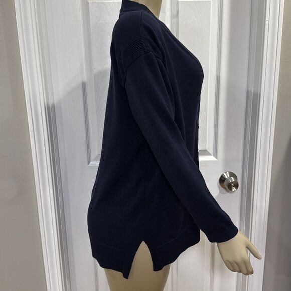 Talbots V-Neck Cardigan Sweater in Navy Blue. - Picture 3 of 8
